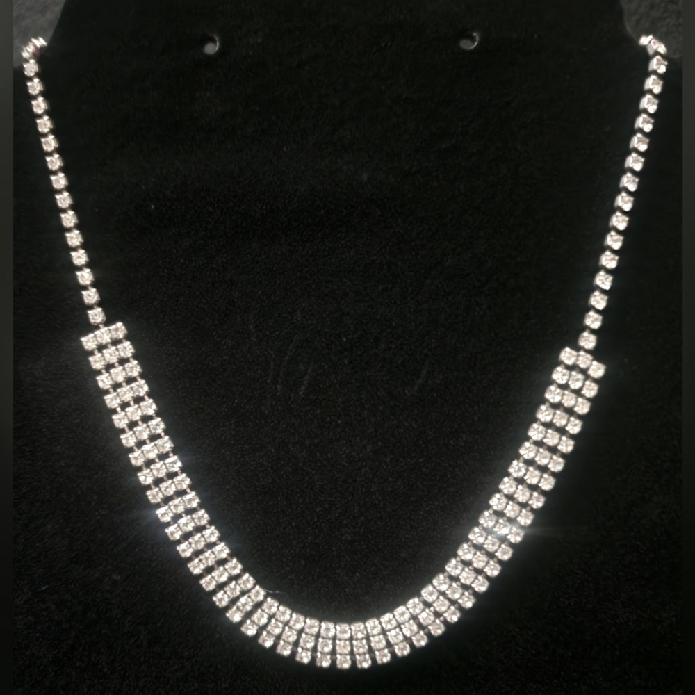 Vintage Glass Rhinestone Silver Choker Necklace